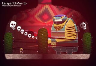 Art-passed version of the wrestler boss shown prior. The wrestler's name is supposedly 'Escapar El Muerto'. Oddly, this version of the concept is slightly different from the smaller version shown in the second boss-leadup concept piece.