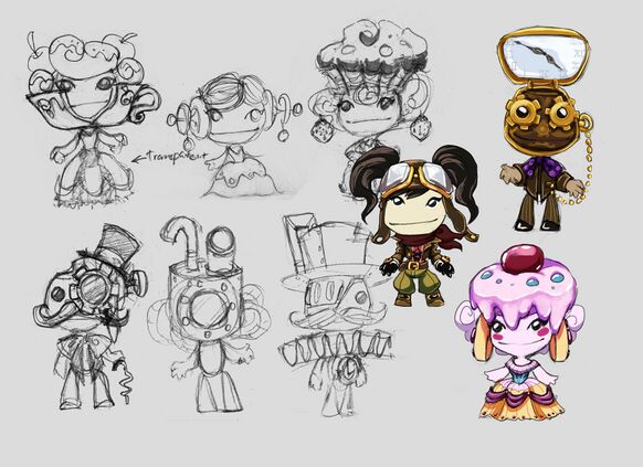 Concept art for the later costume set of Victoria's Laboratory, including a version of Aviatress redesigned to fit with Laboratory's final theming