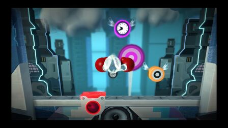 Sackboy punching in the One-Wheeled-Robot-Rabbit. Official screenshot from the LittleBigPlanet Twitter account.[1]