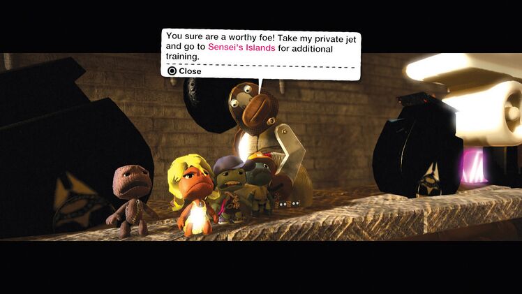 The Construction Site: A screenshot of a defeated Ze Dude offering his private jet to travel to the Islands. Official screenshot from the LittleBigPlanet Website.