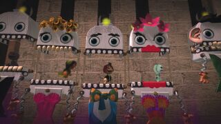 The Wedding Reception: A screenshot of four Sackpeople running through screaming skeletons. Official screenshot from the LittleBigPlanet Website.