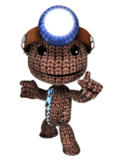 Sackboy wearing the Brain Crane.