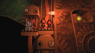 The Darkness: A screenshot of four Sackpeople ascending skull elevators. Official screenshot from the LittleBigPlanet Website.