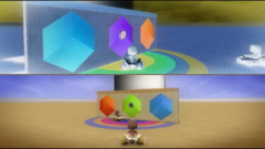 An example of how Colour Correction is applied in a local multiplayer game. Player 1 (top) is inside the trigger radius, whilst Player 2 (bottom) is not.