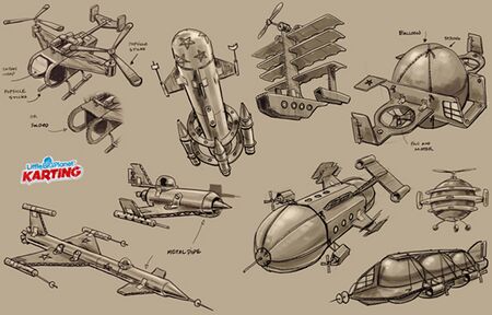 Concept art of themed flying vehicles.