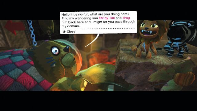 The Meerkat Kingdom: A screenshot of two players talking to Meerkat Mum. Official screenshot from the LittleBigPlanet Website.[1]