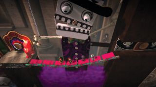 The Wedding Reception: A screenshot of four Sackpeople standing beneath a dancing skeleton. Official screenshot from the LittleBigPlanet Website.