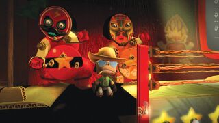 Wrestler's Drag: A screenshot of a Sackperson standing in front of both wrestlers. Official screenshot from the LittleBigPlanet Website.