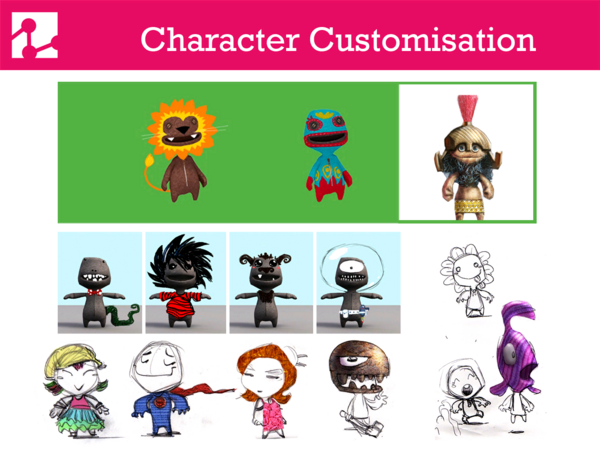 Character customization concept art, including one for a lion outfit that would later become Leo.