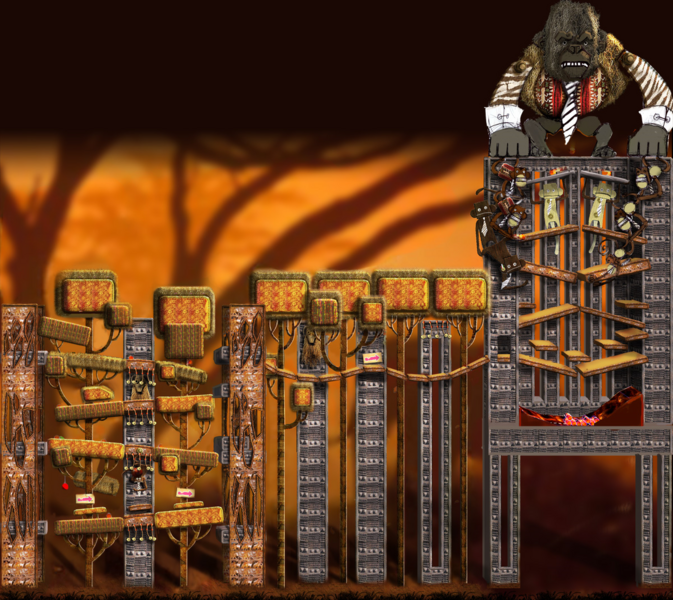 Early concept art for a level layout based around a giant gorilla.