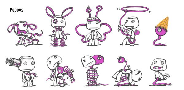 Concept designs for the titular Popovs. Based on recovered assets, the Popov Dog (featured on the top left of the image) was the only costume known to have been modeled in-game.