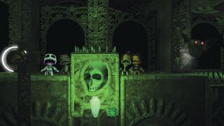The Darkness: A screenshot of four Sackpeople around an illuminated skull. Official screenshot from the LittleBigPlanet Website.