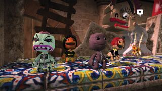 The Wedding Reception: A screenshot of four Sackpeople standing beside Frida. Official screenshot from the LittleBigPlanet Website.